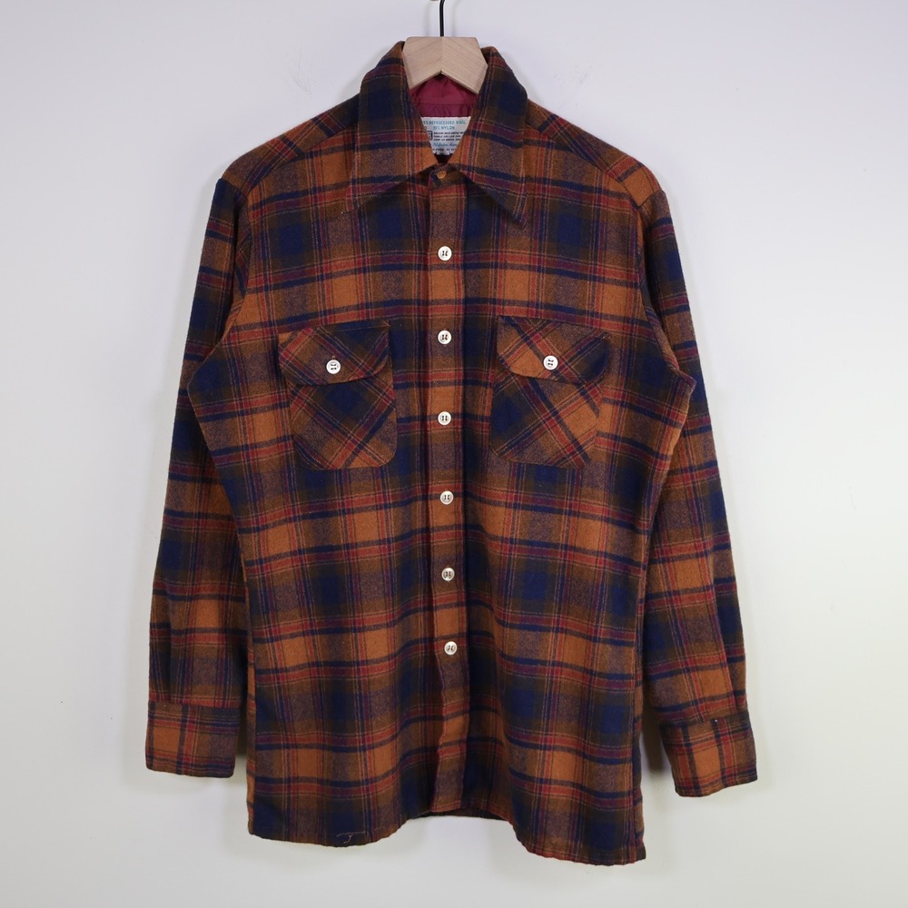Vintage‎ 80s Kmart Plaid Wool Blend Flannel Shirt Size M Brown Navy Blue Grunge